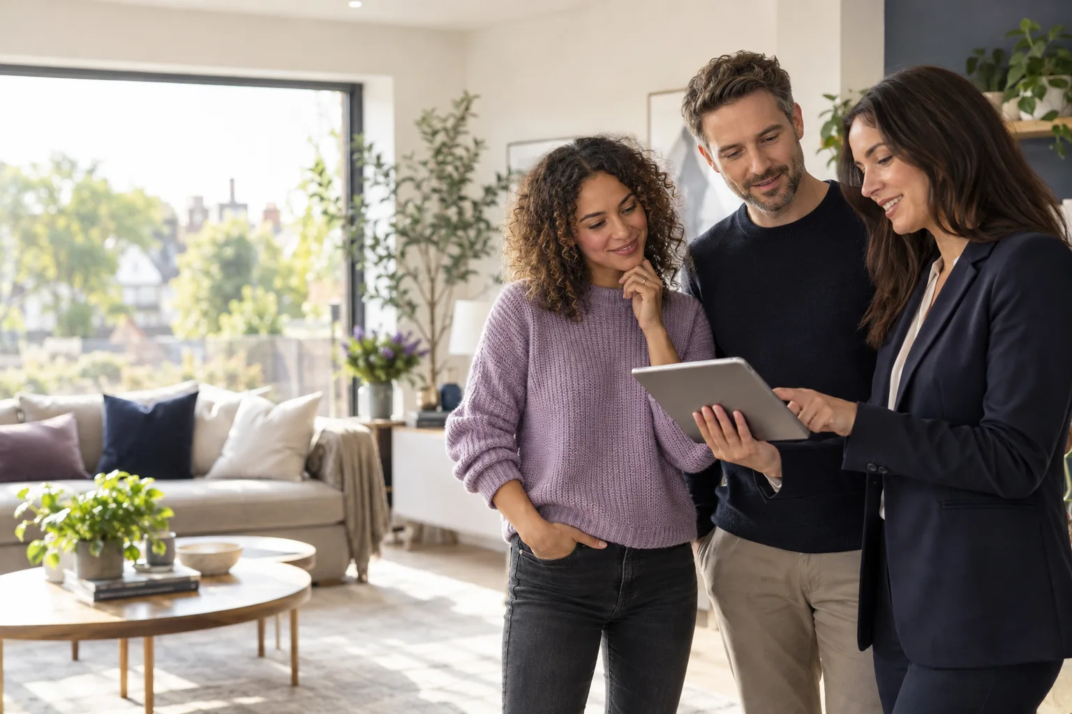 Estate agent talking through a property listing with clients in a bright home